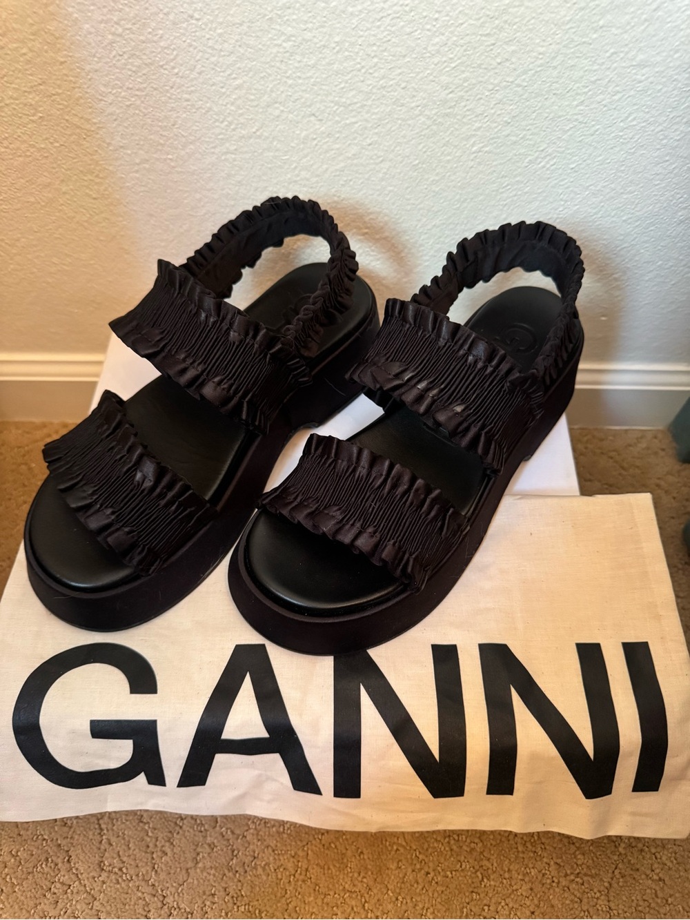 Ganni Black Ruffle-Detail Platform Sandals